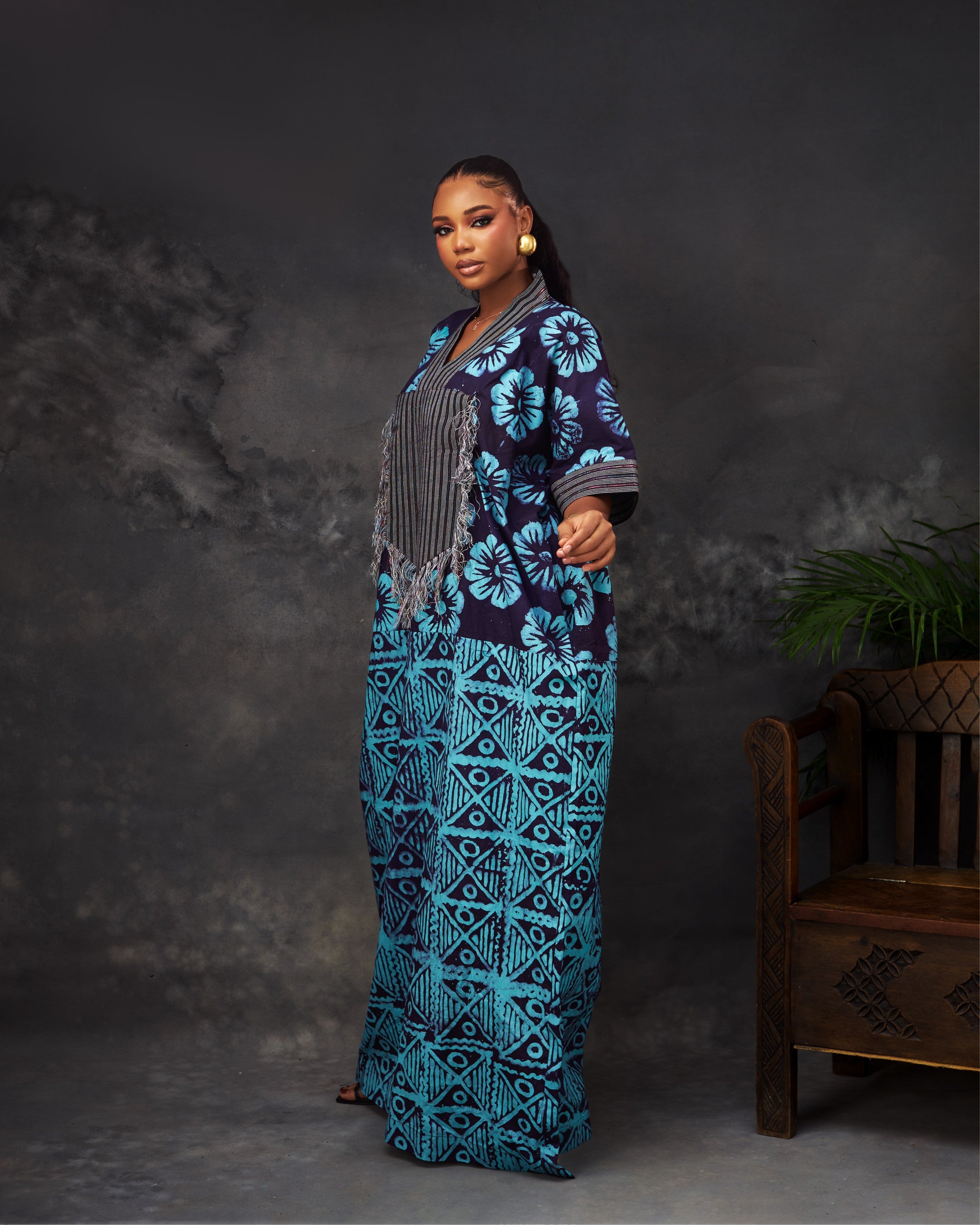 Bou Bou ( Aso) in Adire hand-dyed fabric by CONCU BY CM — Nigerian fashion Lagos, sizes 8–22