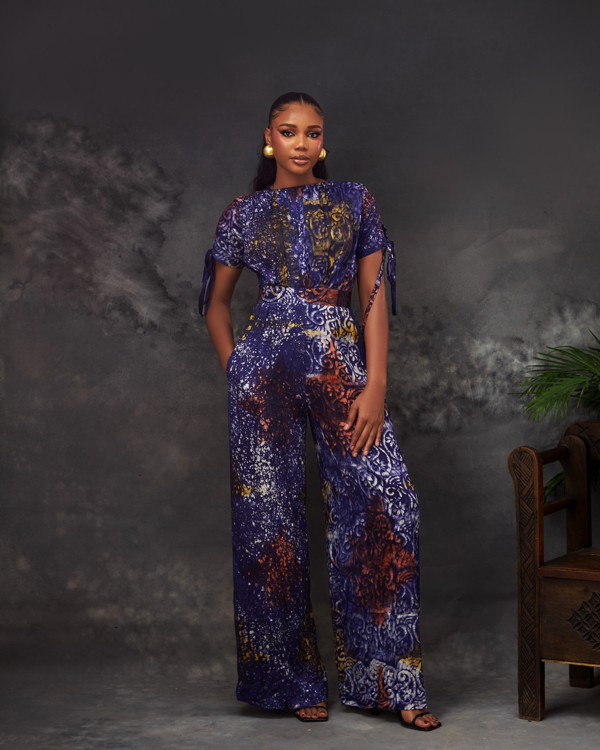 Luna Jumpsuit in Adire hand-dyed fabric by CONCU BY CM — Nigerian fashion Lagos, sizes 8–22
