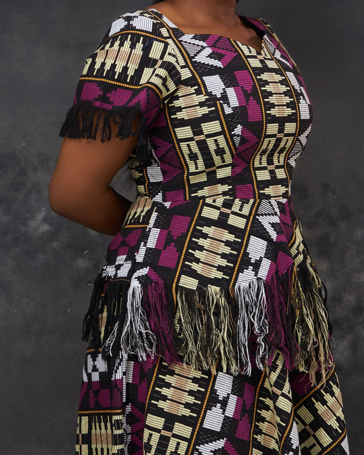 Oka Dress in Akwete handwoven fabric by CONCU BY CM — Nigerian contemporary womenswear Lagos, sizes 8–22