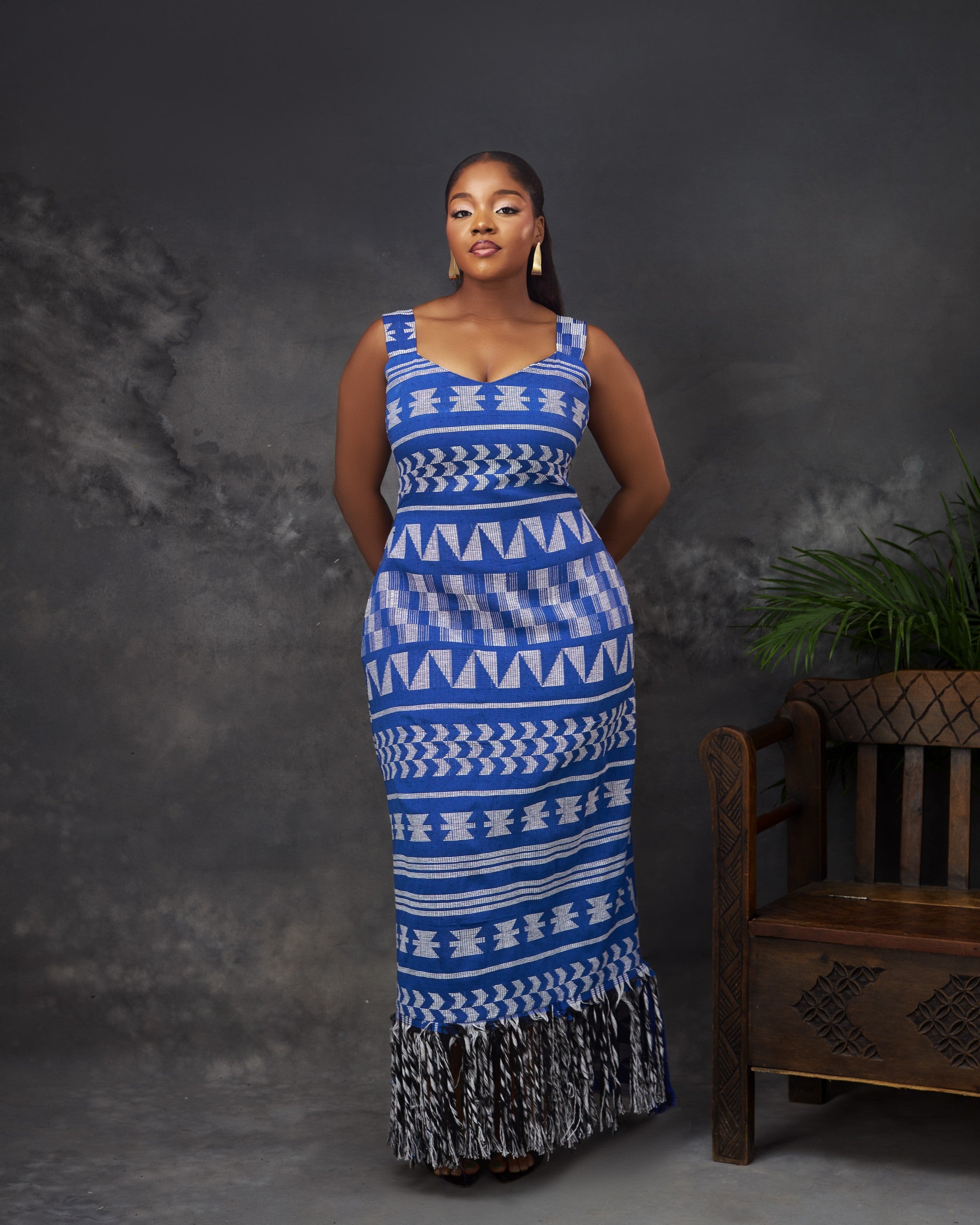 Zika Dress in Akwete handwoven fabric by CONCU BY CM — Nigerian contemporary womenswear Lagos, sizes 8–22