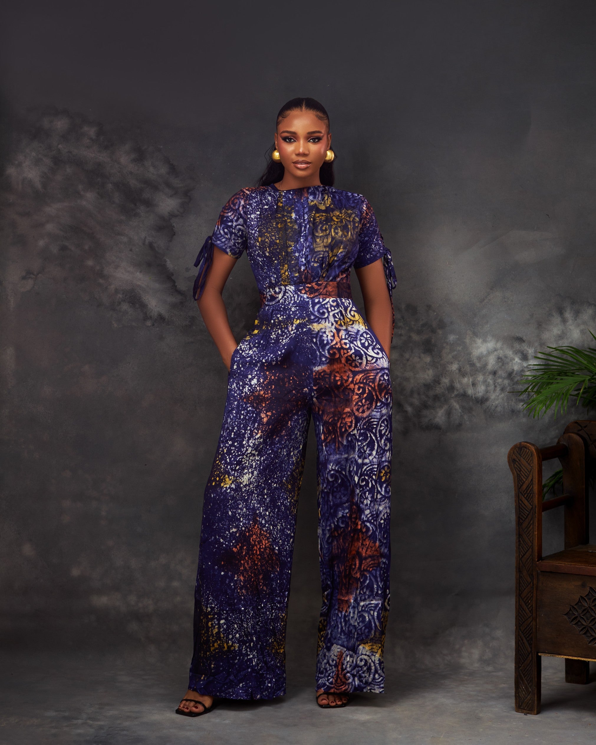 Luna Jumpsuit in Adire hand-dyed fabric by CONCU BY CM — Nigerian fashion Lagos, sizes 8–22