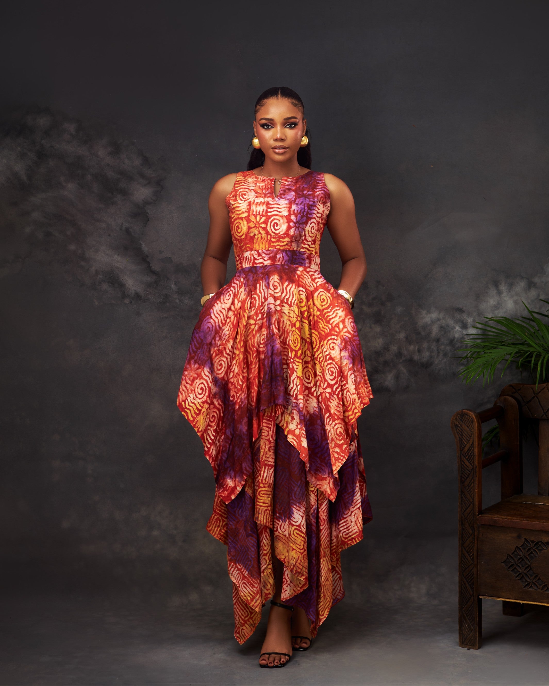 Niamh Dress in Adire hand-dyed fabric by CONCU BY CM — Nigerian fashion Lagos, sizes 8–22